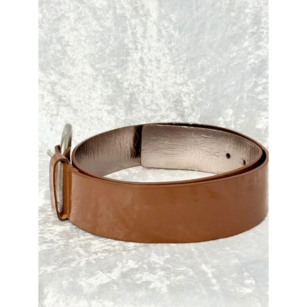 Michael Kors Womens Lug Brown Patent Leather Wide Belt Silver Buckle Med NWT